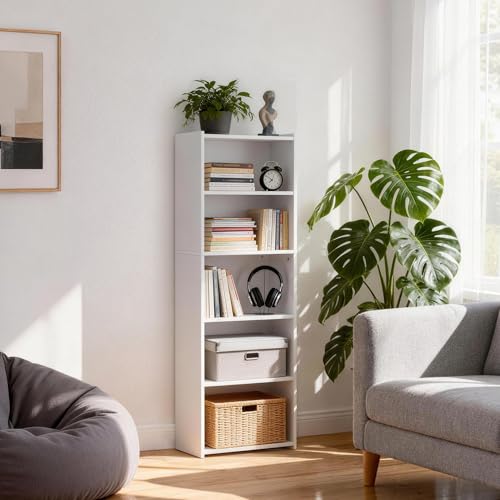 Display Storage Bookcase 5-Tier, Industrial Freestanding Bookshelf for Modern Home Office, Living Room, 52 Inch Open Shelf Rack for Books, Records, Photo Frames and Plants (White)