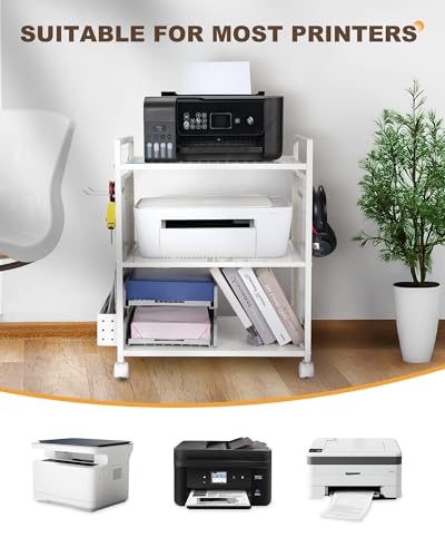 Mythinglogic 3-Tier Rolling Printer Stand with Pegboard and File Holder | Metal cart with adjustable shelves and locking wheels for printers, scanners, paper, craft tools and classroom supplies - color: White
