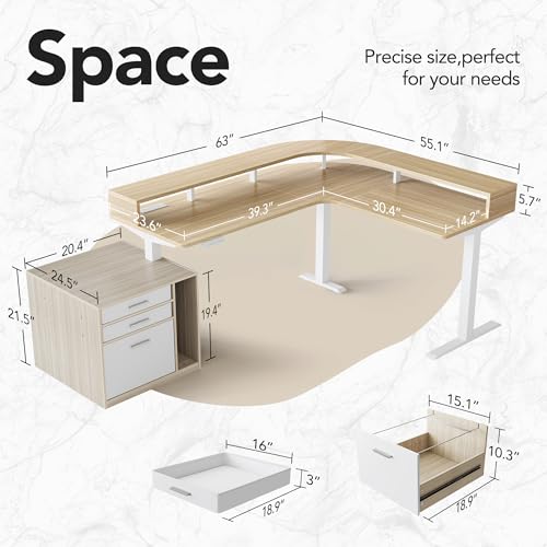 HUANUO LED Electric L Shaped Standing Desk with File Cabinet, Light Walnut | 63"x55" 2-Tier L-Desk,3-Drawer File Cabinet,RGB LED App Lighting,Built-in Power Outlets,27.6"-46.5" Adjustable Height - color: Light Walnut, size: with File Cabinet