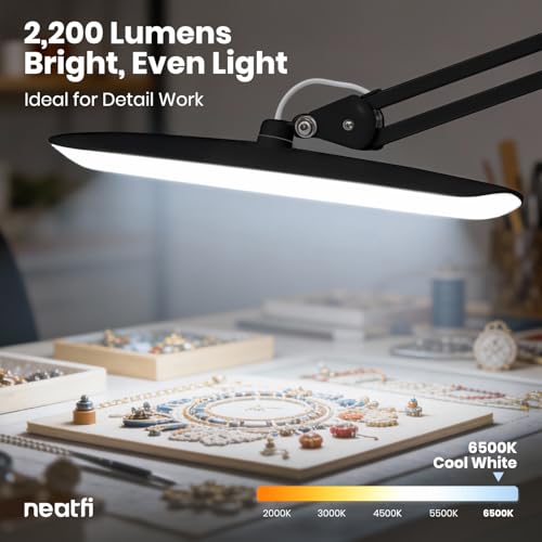Neatfi LED Desk Lamp, 2200 Lumens, 24W, 20-Inch Wide Head (Black) - color: Black, size: Non-CCT with Clamp