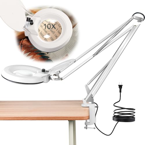 10X Magnifying Glass with Light and Stand,LED Dimmable Lighted Desk Lamp with Clamp,Magnifier Hands Free-Adjustable Stainless Steel Arm,for Crafts Hobbies Reading Painting Sewing Diamond Close Work - style: Art Deco