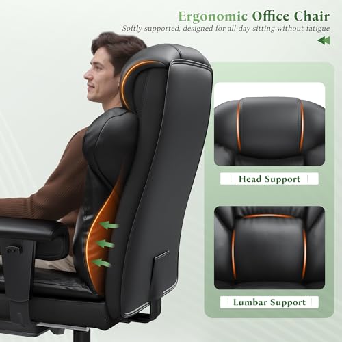 DurayLoly Big and Tall Office Chair with Footrest, 400 lbs Weight Capacity | 135° Rocking Motion, Ergonomic Lumbar Support, PU Leather for All-Day Home Office Comfort, Black - color: Black