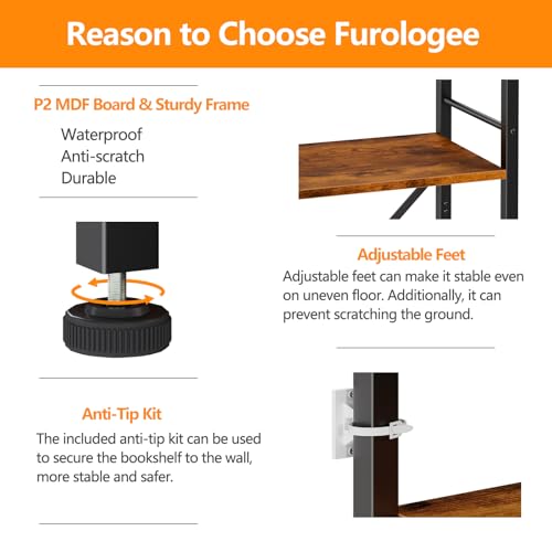 Furologee 5 Tier Book Shelf, Tall Wide Bookshelf, Industrial Open Bookcase, Display Shelves Storage Organizer, Shelving Unit for Living Room, Home Office, Bedroom, Rustic Brown | 20'' Wide Industrial Storage Shelves with X Crossbar, Shelving Units for Bed