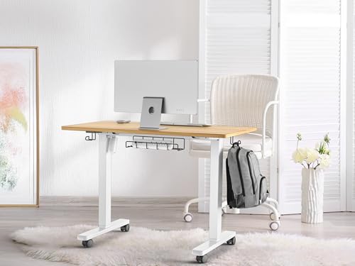 SHW Mobile Electric Height Adjustable Standing Desk w/Drawer, Walnut | 40" Wide Top | w/ Memory Presets and Cable Management | Drawer with adjustable compartments | Hanging Hooks - color: Oak