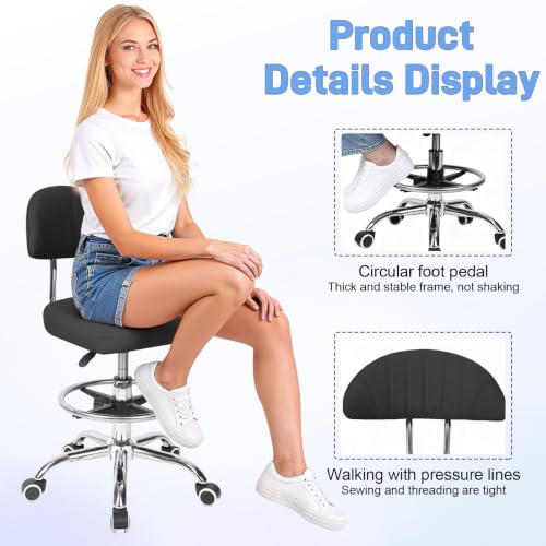Height Adjustable Drafting Chair for Home Office Studio, 360 Swivel Rolling Computer Stool with Backrest and Footrest, Ergonomic Metal Task Seating, 220lbs Capacity, Black Black