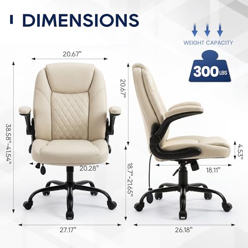 MALOL Leather Office Chair, Home Desk Chair with Flip-up Arms, Beige - color: Beige-new, size: Set of 1