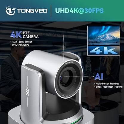 TONGVEO AI 4K PTZ Camera with Auto Tracking, 10X Optical Zoom Video Conferencing Camera, HDMI & USB 3.0 Plug and Play Webcam for Zoom, Teams, Church Worship, Live Streaming, Education - color: Grey