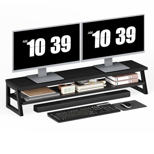 HOOBRO 2-Tier Dual Monitor Stand Riser, 39 Inch Large Computer Monitor Stand for 2 Monitors, Computer Monitor Riser, Desk Shelf Organizer for Office Desk, Accessories, Black BB122CJ01 - color: Black, size: 7.7"H