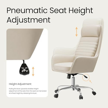 COLAMY Ellis High-Back Home Office Desk Chair, Leather Executive Chair with Integrated Armrests, Beige - color: Beige