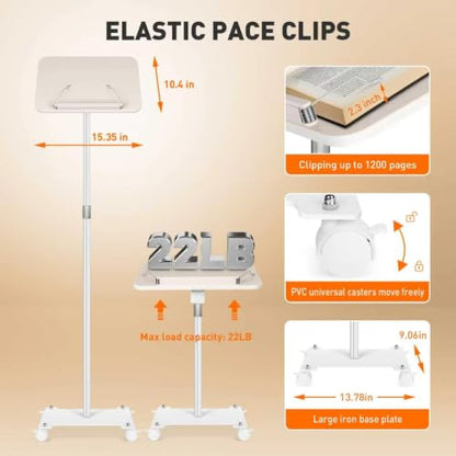 Rolling Book Stand with Wheels for Reading, Floor Standing Book Holder with Page Clips, 19"–51" Height Adjustable, Sturdy Podium Stand for Reading, Bible, Laptop, Cookbooks, or Projector - size: White with roller