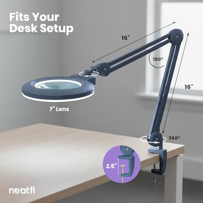 Neatfi XL Bifocal LED Magnifying Lamp, 7” Acrylic Lens, 2.25X/6X Magnification, 1,600 Lumens Dimmable | Hands-Free Close Work | Crafting, Jewelry & Reading (Gray, 7-inch Lens, Non-CCT with Clamp) - color: Gray, size: 7-inch Lens, Non-CCT with Clamp