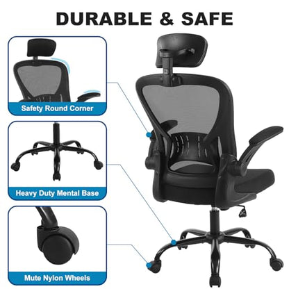 Youhauchair Adjustable Mesh Ergonomic Office Chair with Wheels, Black | Flip-up Arm, Lumbar Support, Height Adjustable, Breathable, Rocking, Mid Back Swivel Compurter Chair with Headrest, Set of 1 - color: Black, style: With Headrest