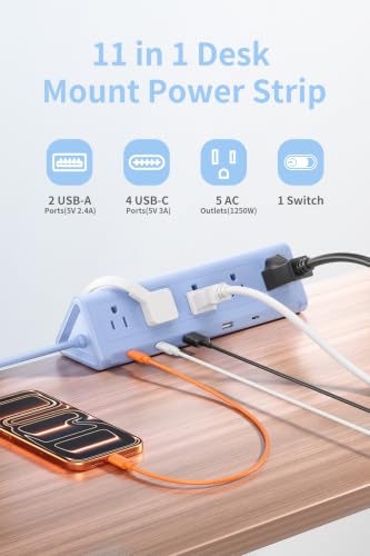 SMALLRT Blue Desk Clamp Power Strip with 6.5 FT Extension Cord, PD 40W USB-C Fast Charging Ports, 5 AC Outlets 4 USB-C 2 USB-A, Fits 2.1 inch Table Edges - color: Blue