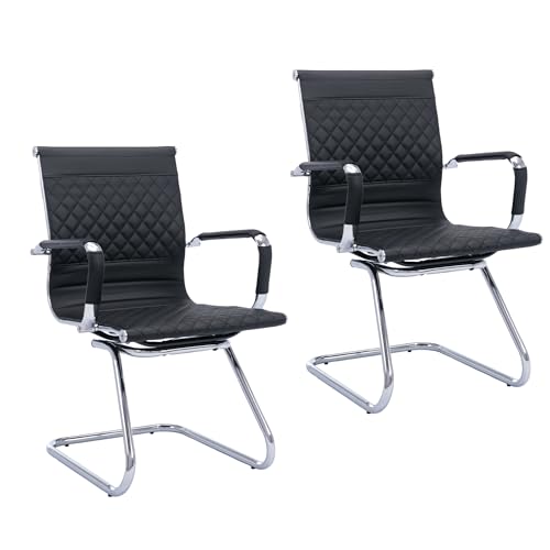 Set of 2 PU Leather Office Guest Chairs, Black | Padded Arms, Stationary Reception Desk Chair for Conference Room, Meeting Room or Lobby - color: Black