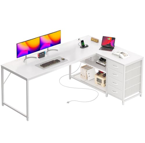 PRAISUN 61" L Shaped Desk with Power Outlets & 4 Drawers | Reversible Computer Desk with 2 Storage Shelves, Large Corner Office Desk for Gaming Writing Work Study, White - color: White, size: 61 Inch
