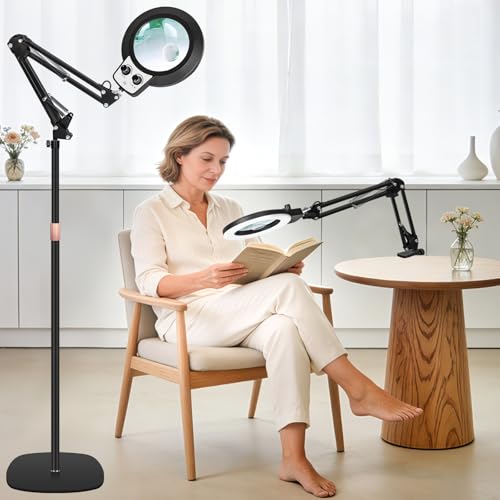 KIRKAS 30X 12X Magnifying Glass with Light and Stand, 11.2in Stable Base | LED Floor Lamp for Reading, Repair, Workbench 2 in 1 Magnifier Stepless Brightness Color Modes & Adjust Height and Arm Black - color: Black, size: 12X&30X 11.2inch