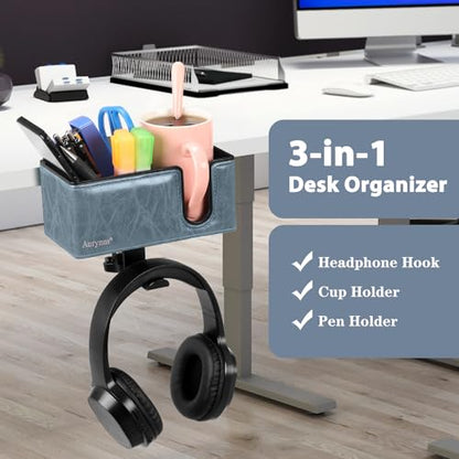 Under Desk Cup Holder Clamp on Cup Holder PU Leather Clip on Desk Organizer | Desk organizer with pencil holder clamp on side, under desk hanging organizer, clip on cup holder desk phone stand holder PU - color: Sky Blue