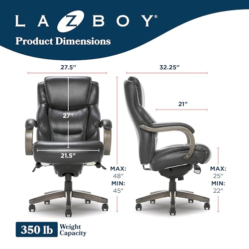 La-Z-Boy Delano Big and Tall Executive Office Chair - Ergonomic Lumbar Support Memory Foam - Bonded Leather Desk Chair for Home Office - Weathered Grey Wood Arms - Black - color: Black With Weathered Gray Wood