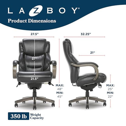 La-Z-Boy Delano Big and Tall Executive Office Chair - Ergonomic Lumbar Support Memory Foam - Bonded Leather Desk Chair for Home Office - Weathered Grey Wood Arms - Black - color: Black With Weathered Gray Wood
