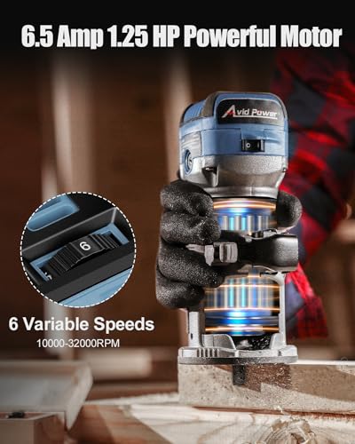 AVID POWER 6.5 Amp 1.25 HP Compact Router Tools for Woodworking, Fixed Base Wood Router with Trim Router Bits, 6 Variable Speeds, Edge Guide, Roller Guide, Dust Hood (Blue, 65mm) - color: Blue