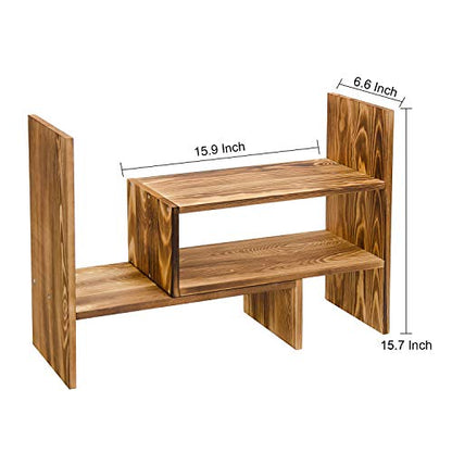 Adjustable Extendable Natural Wood Desktop Organizer Caddy Desk Organizer Countertop Shelf Bookcase Display Stand Rack Expandable Storage Office Home (Dark Brown)