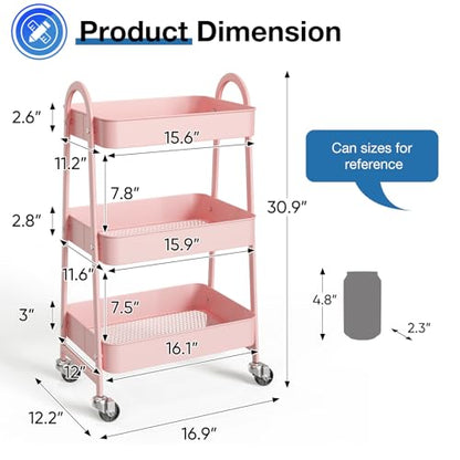 DUMOS 3 Tiers Rolling Cart, Utility Cart, Metal, Pink | Mobile Storage, Lockable Wheels, Utility Shelving Unit, Kitchen, Bathroom, Laundry, Narrow Places - color: 3 Tiers Pink