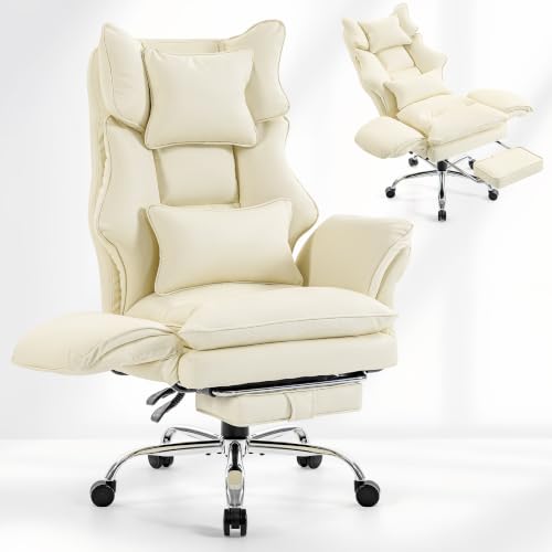 Executive Leather Criss Cross Office Chair with Foot Rest &Flip Arms | Big and Tall 155° Reclining Desk Chair with Wide Seat for Cross Legged Sitting for Home Office, PU Leather, 400LBS - color: Beige
