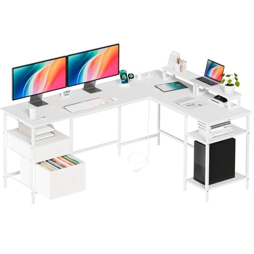 L Shaped Gaming Desk with Power Outlet & 2 Monitor Stands, Computer Desk with Drawer & Adjustable Storage Shelves, Large Corner Desks for Home Office, White