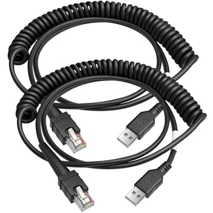 WUHAO 2-Pack 9.8FT Shielded USB Coiled Cable for Zebra Symbol DS3608 DS3678 LI3608 LI3678 Handheld Barcode Scanner CBA-3600-UNC3 RJ48 to USB-A