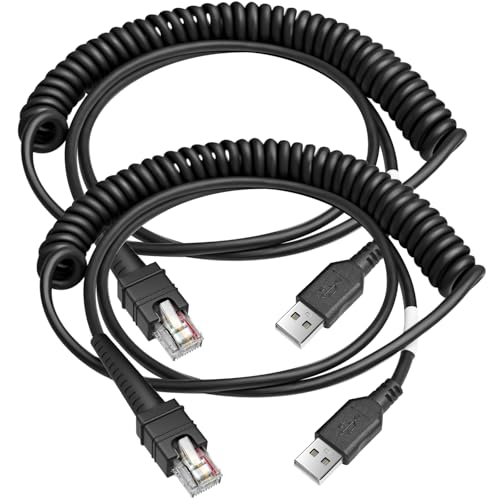 WUHAO 2-Pack 9.8FT Shielded USB Coiled Cable for Zebra Symbol DS3608 DS3678 LI3608 LI3678 Handheld Barcode Scanner CBA-3600-UNC3 RJ48 to USB-A