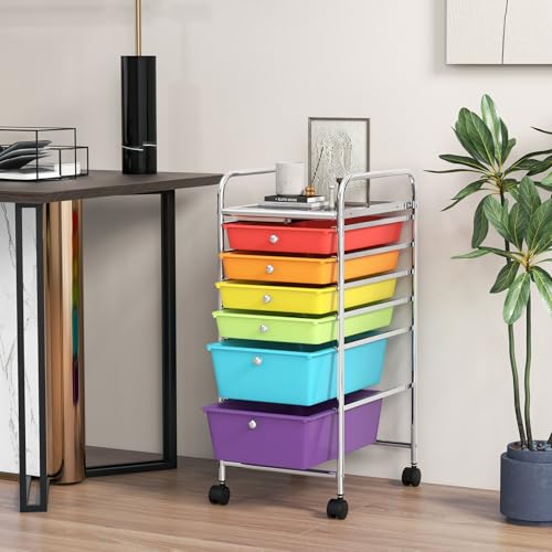 GOFLAME 6-Drawer Rolling Storage Cart, Multifunctional Art Craft Organizer Cart, Mobile Utility Storage Cart with Removable Drawers & Lockable Wheels, Craft Cart for Home Office, School, Multicolored - color: Multicolor, size: 6-Drawer without Wood Top