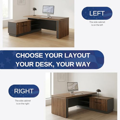 OfficeSimpli L Executive Desk with Drawers, Made in USA, 64x63x30, Walnut - size: 64" x 63" x 30" (Credenza Right)