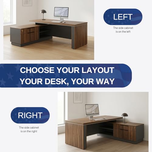 OfficeSimpli L Executive Desk with Drawers, Made in USA, 74x63x30, Walnut - size: 74" x 63" x 30" (Credenza Right)
