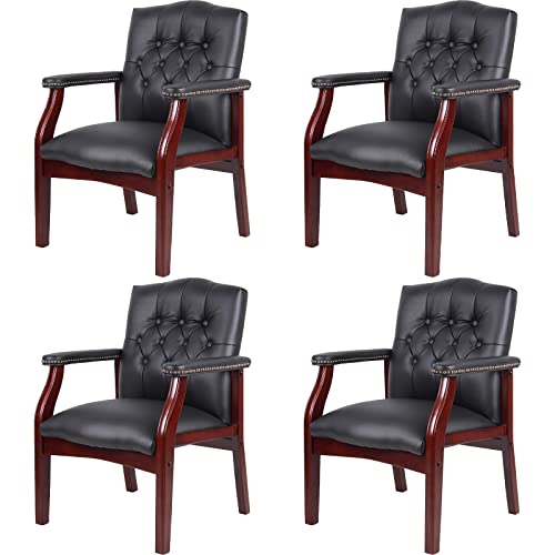 Black Leather Office Chairs Set of 4 -High Back Ergonomic Executive Guest Chairs for Reception, Multi-Scene Use (Waiting Room, Meeting, Conference, Lobby, Conference, Church) No Wheels with Arm Design - color: 4 Unit