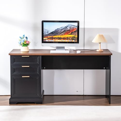 60" Professional Office Desk with Charging Station,Business Desk with 2 Drawers &1 File Cabinet,Farmhouse Executive Desk for Office and Home (Walnut & Black) - color: Walnut & Black