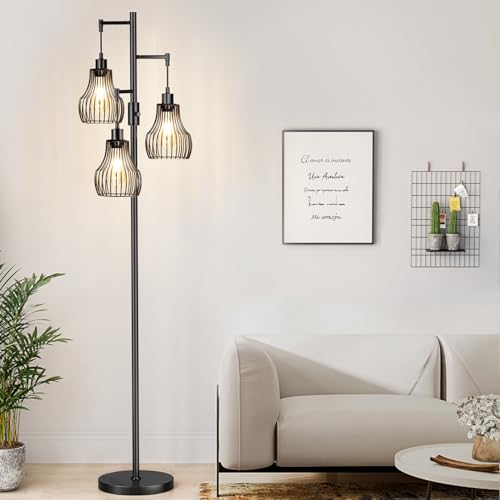 Ziisee Dimmable Floor Lamp, 3 x 800LM LED Edison Bulbs Included, Farmhouse Industrial Floor Lamp Standing Tree Lamp with Elegant Cage Tall Lamps for Living Room Bedroom Office - Black - color: A-Matte Black