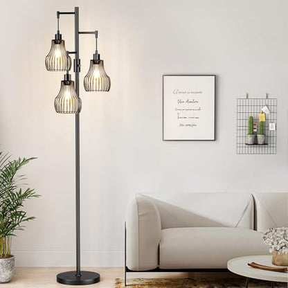 Ziisee Dimmable Floor Lamp, 3 x 800LM LED Edison Bulbs Included, Farmhouse Industrial Floor Lamp Standing Tree Lamp with Elegant Cage Tall Lamps for Living Room Bedroom Office - Black - color: A-Matte Black