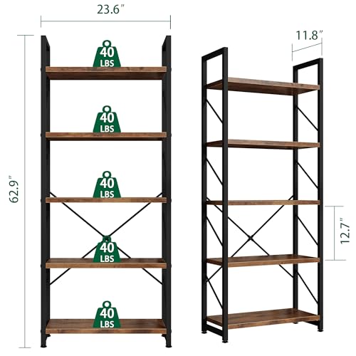 5 Tiers Bookshelf, Classically Tall Bookcase, Industrial Book Rack - color: Brown & Brown