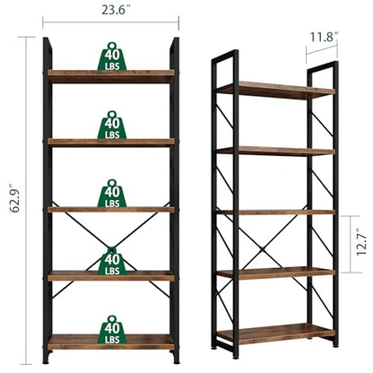 5 Tiers Bookshelf, Classically Tall Bookcase, Industrial Book Rack - color: Brown & Brown