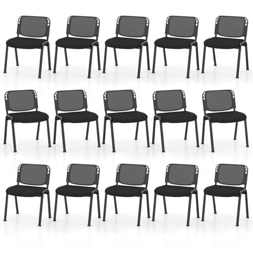 COSTWAY Stackable Guest Reception Chairs Set of 15 with Mesh Backrest | Meeting Room Chairs with Upholstered Wide Seat, Metal Frame, Anti-slip Foot Pads, Conference Chairs No Wheels for Office - size: 15 Pack