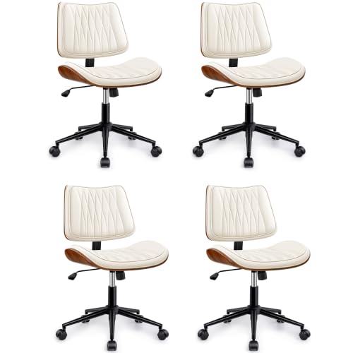 Ergonomic Armless Office Desk Chair - Mid-Century Modern White Faux Leather with Diamond Stitch, Adjustable Height Swivel Rolling Task Computer Chair with Walnut Accent for Home Office, Study & Work - color: Cream White, size: 4 Pack