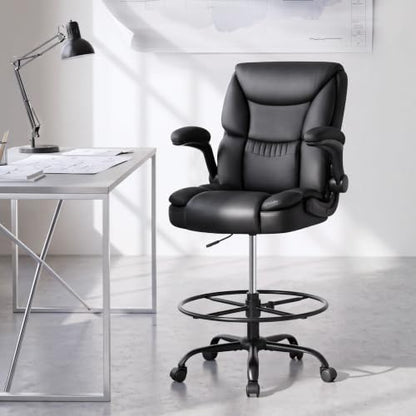 500LBS Drafting Chair, High Back Safer Standing Desk Chair, Executive Tall Office Chair with Flip-up Armrests, Upholstered PU Leather Task Chair, Ergonomic Seat with Adjustable Height&Foot Ring, Black - color: Black