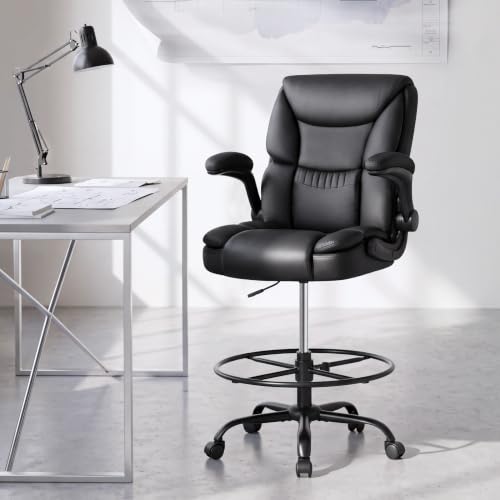 500LBS Drafting Chair, High Back Safer Standing Desk Chair, Executive Tall Office Chair with Flip-up Armrests, Upholstered PU Leather Task Chair, Ergonomic Seat with Adjustable Height&Foot Ring, Black - color: Black