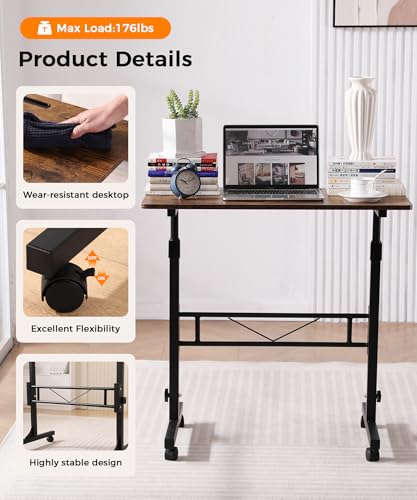 KLSMYHOKI Standing Desk Adjustable Height, Mobile Stand Up Desk with Wheels | Small Computer Desks Rolling Desk, Portable Laptop Desks Rustic Standing Table Home Office Desks 16"x31.5" Height 27"-43.5" - color: Rustic