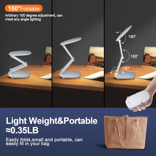 Akejrym LED Desk Lamp for Office Home & Battery Operated Lamp Rechargeable Lamp Foldable & Portable Light, [2-Fold Bracket] 3 Brightness Dimmable Small Desk Lamp Wireless Reading Lamp (White) - color: White