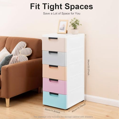 Narrow Storage Cabinet, Slim Drawer Organizer, 5 Drawer Storage Cabinet, Plastic Storage Tower With Wheels, Space Saving Organizer For Bedroom Closet Bathroom Kitchen Office, Stackable Design