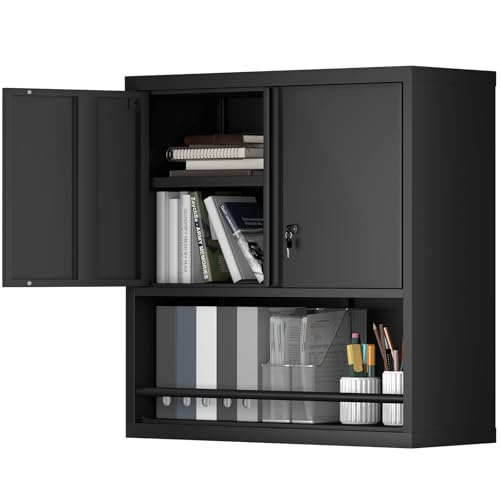 Metal Garage Cabinets, Lockable Storage Cabinet, Metal Cabinet with Open Storage, Upper Tool Cabinet for Basement, Wall Mounted Cabinets for Shop - color: 31"h - Black