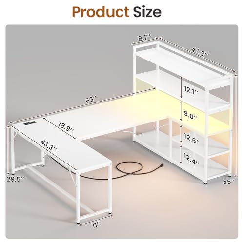 SEDETA 63” Reversible White L Shaped Computer Desk with Storage, Bookshelf - color: White