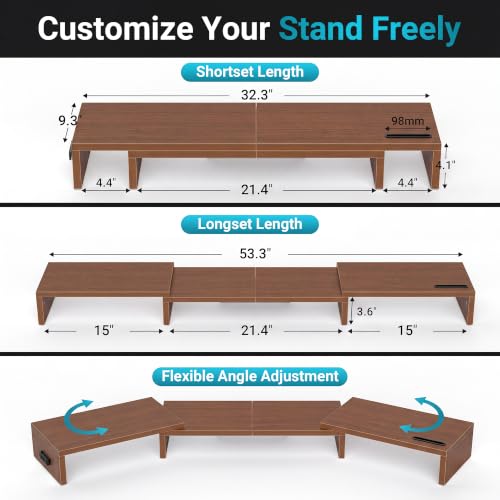 BONTEC Triple Monitor Stand Riser with Smartphone Holder, Walnut - color: Walnut, size: 53.3 in
