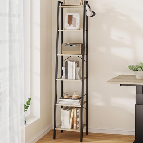 Hzuaneri Ladder Shelf, Bookshelf, Freestanding Corner Storage Shelf | Bookcase with 2 Hooks for Office, Living Room, Kitchen, Bedroom, Industrial, 11.8"D x 13.4"W x 72.8"H, Greige BC13305B - color: Greige, size: 11.8"D x 13.4"W x 72.8"H